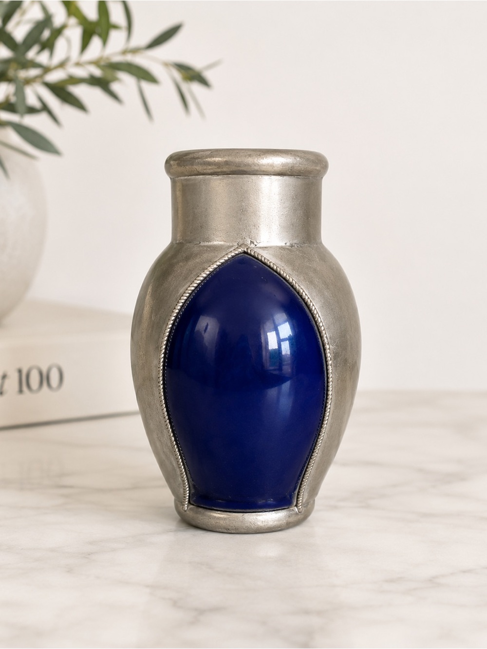 Cobalt Blue Glazed Terracotta Moroccan Vase with metal decoration